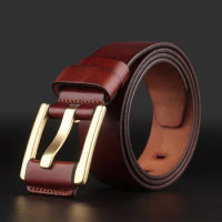 WESTERN AUSPICIOUS Male Belt Cow Leather Strap With Gold Colour Brass Buckle Fashion Men Waist Belt By Factory