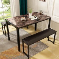 3 Pieces Dining Room Table Set, Kitchen Table Set with Faux Marble Top Table and 2 PU Leather Upholstered Benches, Space Saving