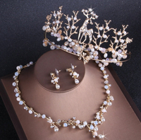 小鹿皇冠 高端手工水晶頭飾 新娘結婚飾品 骨頭項鏈耳環三件套