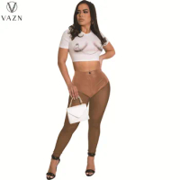 VAZN 2022 Hot Popular Patchwork See Through Lace Sexy Club Open Young High Waist Braid Skinny Women Long Pencil Pants