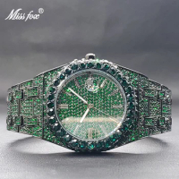 Men's Watch Ice-out Green Blue Diamond Luxury High Quality Calendar Waterproof Quartz Watches For Men Special Big Hand Clock
