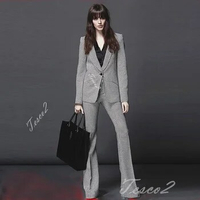 Tesco Office Blazer And Trousers For Women Work Wear Fashion Plaid One Button Jacket+Flare Pants Sets Formal Female Suit 2 Piece