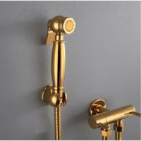 Vidric Gold Brass Bathroom Hand held Bidet Sprayer Faucet Spray Gun &amp; Holder Hose Connector &amp;1.5m Shower Hose with double use va