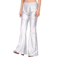 Women Bell-bottomed Pants Shiny Metallic Elastic Waist Ladies Stage Performance Flared Trousers Vintage Disco Party Costume