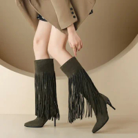 Army Green Black Pointed Toe Knee High Western Cowboy Shoes Super Thin High Heels Women Boots With Tassels Fringes Big Size 48