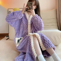 Patchwork Robe for Women Button Sleepwear Nightdress Winter Night Wears Pajama Nightgown Long Sleeve Warm Fleece Homewear
