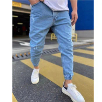Men Hip Hop Bundle Foot Jeans Solid Color Scratched Wide Leg Jeans Spring And Fall Casual Jogging Pencil Pants Summer Streetwear