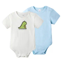 【baby童衣】任選 純棉短袖數位印花素面包屁衣 2件組 61119(綠恐龍+藍)
