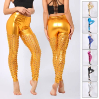 Women Sexy Disco Pants Punk Style Hollow Out Fish-scale Pattern Leggings Stage Performance Nightclub Costumes Dance Trousers