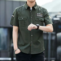 Workwear short sleeve multi-pocket shirt men's summer slim-fit army green outdoor youth handsome mil