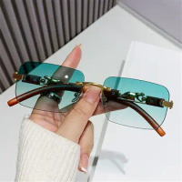 Metal Temples Rimless Cut Edge Sunglasses Cool UV400 Rectangle Sun Glasses Unique Summer Traveling Eyewear for Women &amp; Men