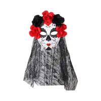 Day of The Dead Mask Skull Cover Fancy Dress with Black Lace Veil Mexican Masks for Carnival Festival Nightclub Party Role Play