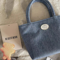 Beg Kanvas Biru Denim, Niche Baharu Korea, Tekstur Mudah, Warna Retro, Beg Silang Badan, Beg Tangan 