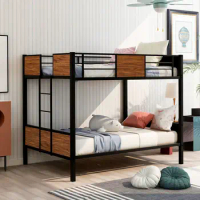 Bunk Bed Modern Style Steel Frame Bunk Bed with Safety Rail, Built-in Ladder for Bedroom