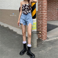 KUMI復古破洞牛仔褲女裝褲子夏季短褲高腰顯瘦直筒褲學生百搭熱褲