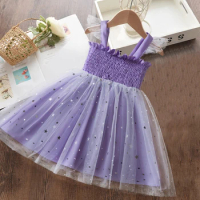 2024 New Summer Baby Girls Dress for Flying Sleeves Mesh Princess Dresses for Girls Sequin Tutu 2-6 Yrs Kids Birthday Party Wear