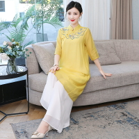 夏季新款中國風文藝復古刺繡改良旗袍禪意茶服中式立領連衣裙