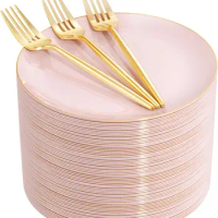Rubtlamp 200Pcs Plastic Pink Dessert Plates with Disposable Gold Forks,Heavy Duty Pink Gold Salad Plates,Gold Small Plates