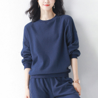 長袖褲裝華夫格運動套裝女時尚圓領休閒跑步服女裝衛衣春秋新款【倪醬】