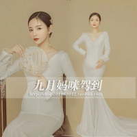 380孕婦照服裝出租工筆畫白色魚尾拖尾禮服影樓中國風藝術照寫真