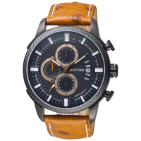 【RHYTHM 麗聲】大自然系列三眼計時手錶-黑x咖啡錶帶/46mm(SI1607L03)