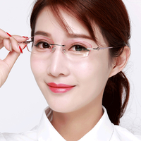 近視眼鏡女士鑲鉆切邊無框眼鏡框架配成品度數防輻射鏡片潮58058