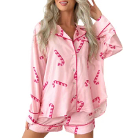 Women 2 Piece Pajama Set Nightgown Print Long Sleeves Shirt and Elastic Shorts for Loungewear Soft Sleepwear Comfortable Pajama