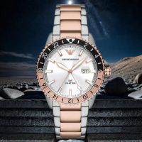 【EMPORIO ARMANI】亞曼尼 Diver 玫瑰金撞色GMT手錶-42mm 畢業禮物(AR11591)