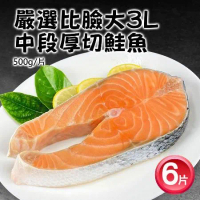 【築地一番鮮】嚴選超級厚切3L中段厚切鮭魚6片(500G/片)免運 -嚴選最高等級P級鮭魚