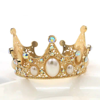 Mini Luxury Gold Pearl Crown Cake Topper Romantic Happy Birthday Children Hair Ornaments Lovely Wedding Brithday Cake Decoration