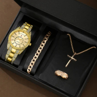 The latest style of men's fashion handsome mechanical wind set rhinestone bracelet quartz watch + cross three-piece set