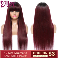 Straight Human Hair Wigs With Bangs For Black Women Ombre 99J/Burgundy Full Machine Made Wig Brazili