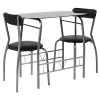 3 Piece Space-Saver Bistro Set with Black Glass Top Table and Black Vinyl Padded Chairs Dining Room Sets