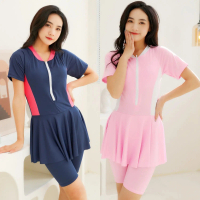One-piece women's swimsuit 2025 model for plus-size women, with zipper, short sleeves, short skirt, 