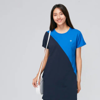 【SKY YARD】網路獨賣款-潮流撞色拼接印花洋裝長版上衣(藍紫)