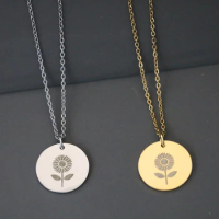 Simple Stainless Steel Glossy Sunflower Pattern Carved Pendant Necklace Trendy Flower Round Tag Choker Link Chain Jewelry