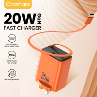 Orashare CR20 2-in-1 GaN Charger PD20W Fast Charging with Built-in Retractable Type C Cable