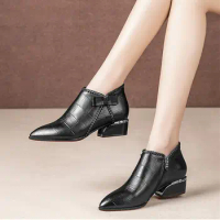 Autumn Bow Short Women's Boots 2022 Pointed Thick Heel Side Zipper Chelsea Boots Women Plus Size Fashion Women Shoes High Heels