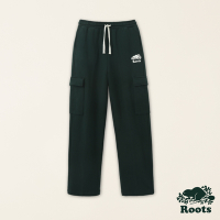 Roots女裝-絕對經典系列 海狸LOGO棉質工裝寬褲-深綠色