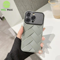 3D Large Window Woven phone case For iPhone 15 14 13 12 11 Pro Max ShockProof Soft TPU Silicone Solid Color Lens protectivecover