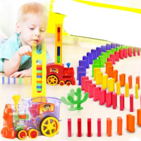 Children's Domino Train Car With Sound Light Automatic Emission Set Blocks Elevator Springboard Bridge Set kids Educational Toys