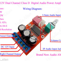 YDA138-E 12W+12W Double Dual Channel 2-CH Digital Audio Amplifier Board DC 12V AMP Module