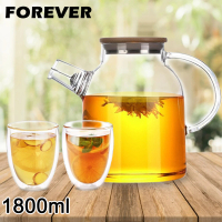 【日本FOREVER】日式竹蓋耐熱玻璃把手花茶壺1800ML附雙層隔冰耐熱玻璃杯250ML(一壺2杯組)