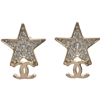 【CHANEL 香奈兒】經典水鑽星星造型雙C LOGO穿式耳環(金色ABB488-OR)