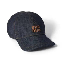 Miu Miu Denim Baseball Cap with Leather Logo Blue/Brandy M Blue,Brown