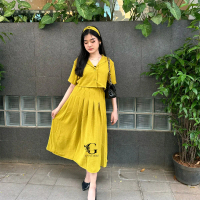 Kimmy Set Kemeja Crop dan Rok atasan baju Crinkle Setelan Wanita Kancing Panjang Standar Airflow Dew