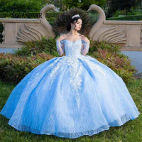 Long Sleeves Blue Ball Gown Mexican Quinceanera Dress 2024 Princess Prom Sweet 15 16 Years Old Miss XV Birthday Pageant Dress