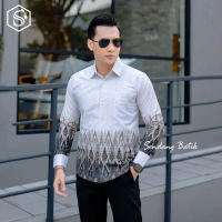 Kemeja Batik Piramid Putih Hitam slimfit lapis furring erro katun modern premium Pria Panjang Baju C