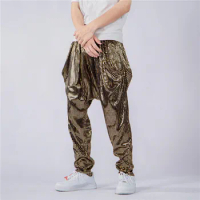 Mens Shiny Gold Sequins Joggers Sweatpants Party Dance Disco Nightclub Harem Pants Trousers Men Stage Singer Prom Costume Homme