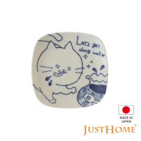 【Just Home】日本製手繪感貓咪陶瓷5吋點心方盤(貪吃貓)